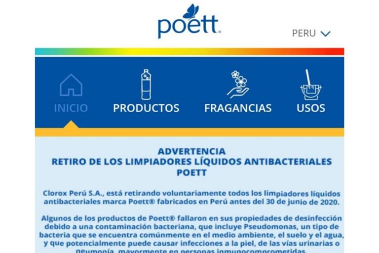 Indecopi exige a Clorox Perú informar medidas adoptadas ante la contaminación bacteriana del producto Poett