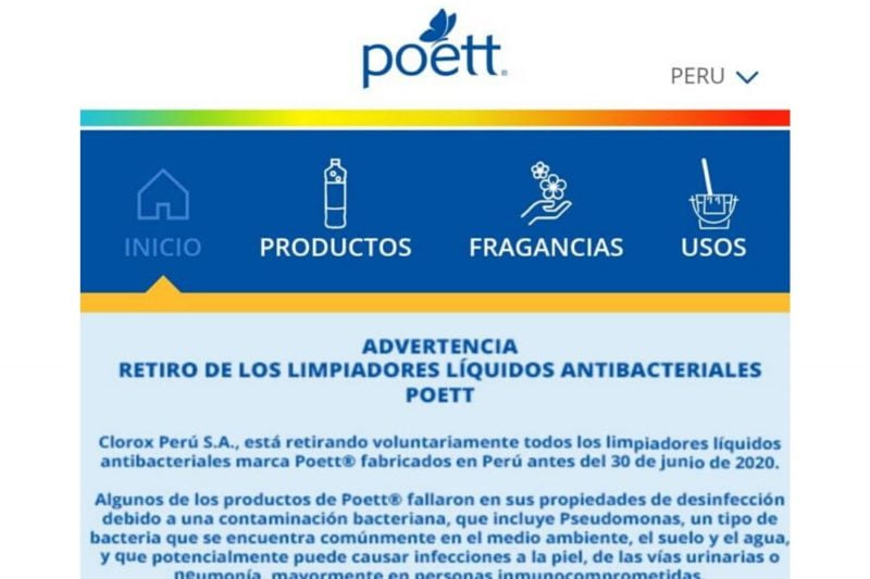 Indecopi exige a Clorox Perú informar medidas adoptadas ante la contaminación bacteriana del producto Poett
