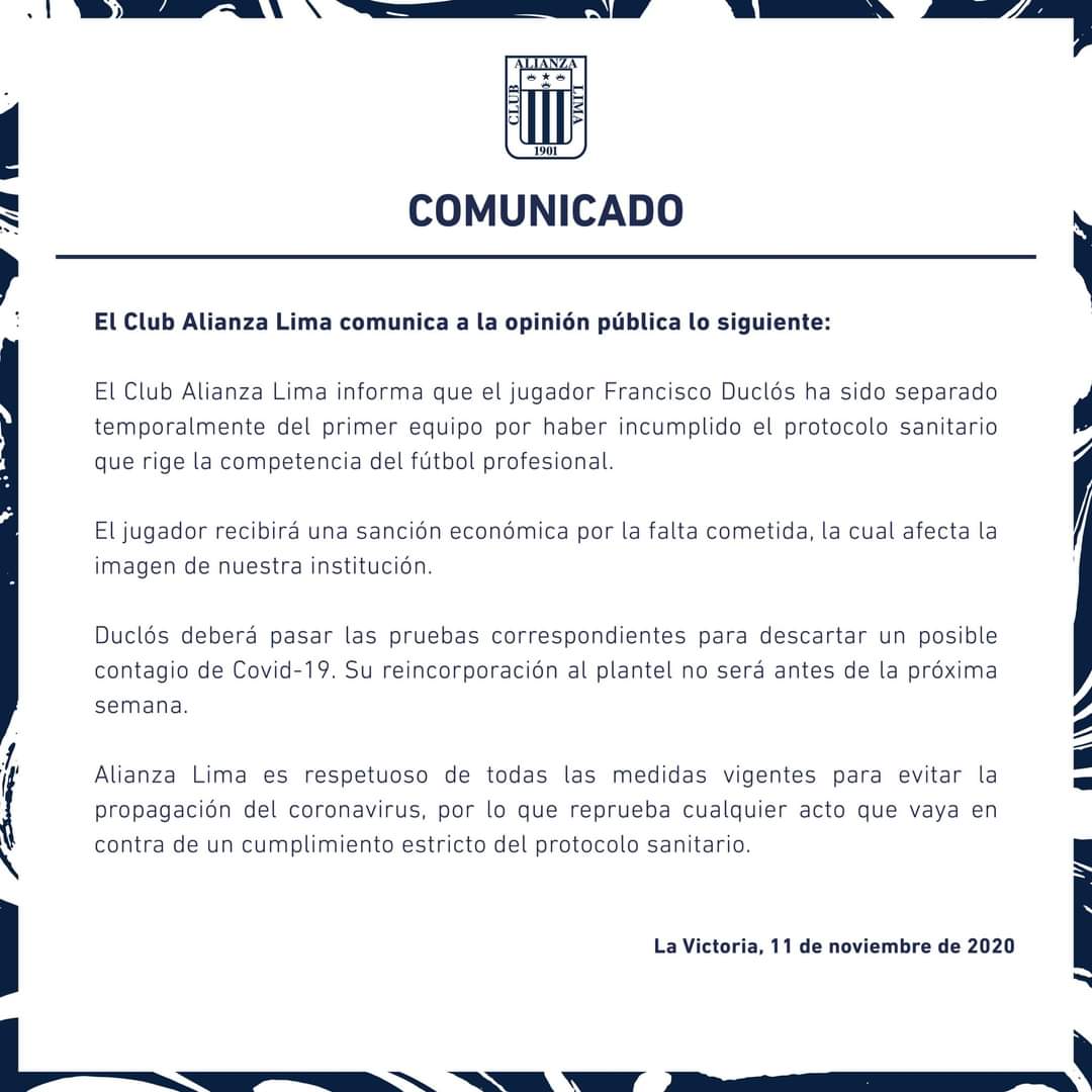 Alianza Lima separó al jugador Francisco Duclós del primer equipo