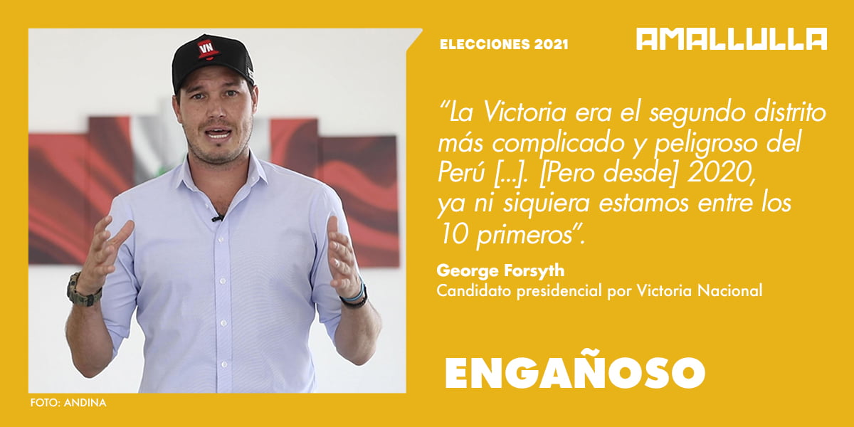 Afirmación de George Forsyth acerca de la reducción de delitos durante su gestión como alcalde de La Victoria es engañosa 