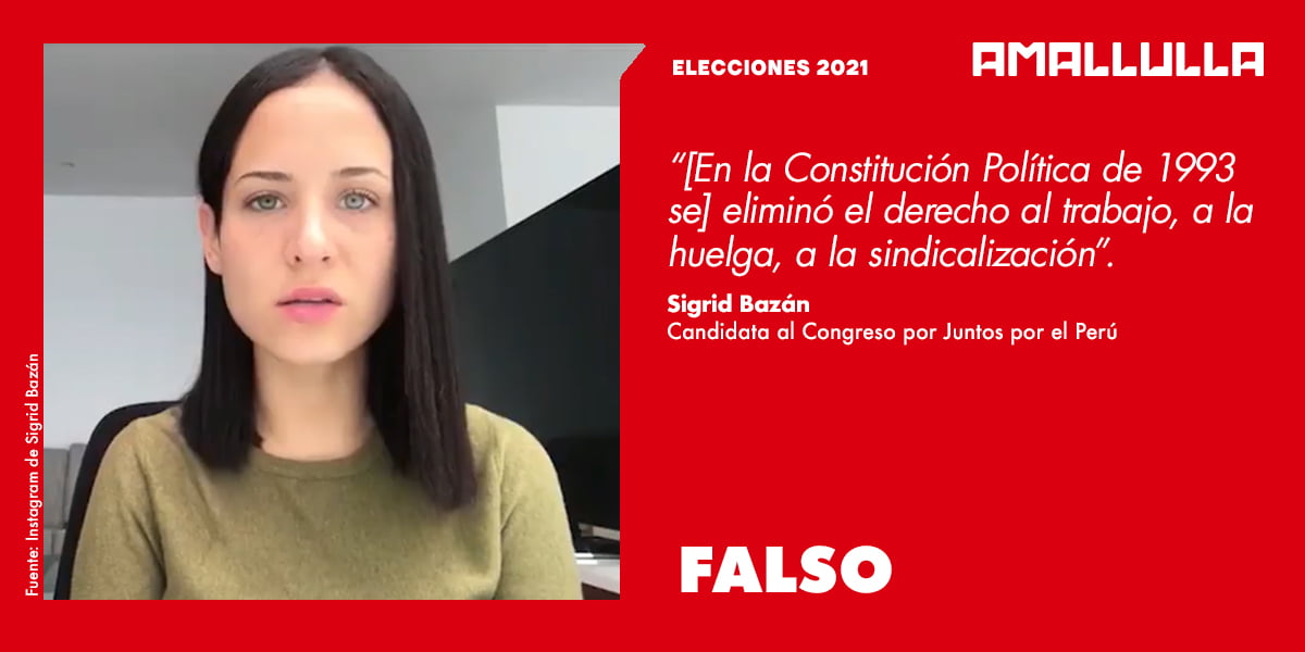 Dato de candidata Sigrid Bazán acerca de que la Constitución de 1993 eliminó el derecho al trabajo es falso