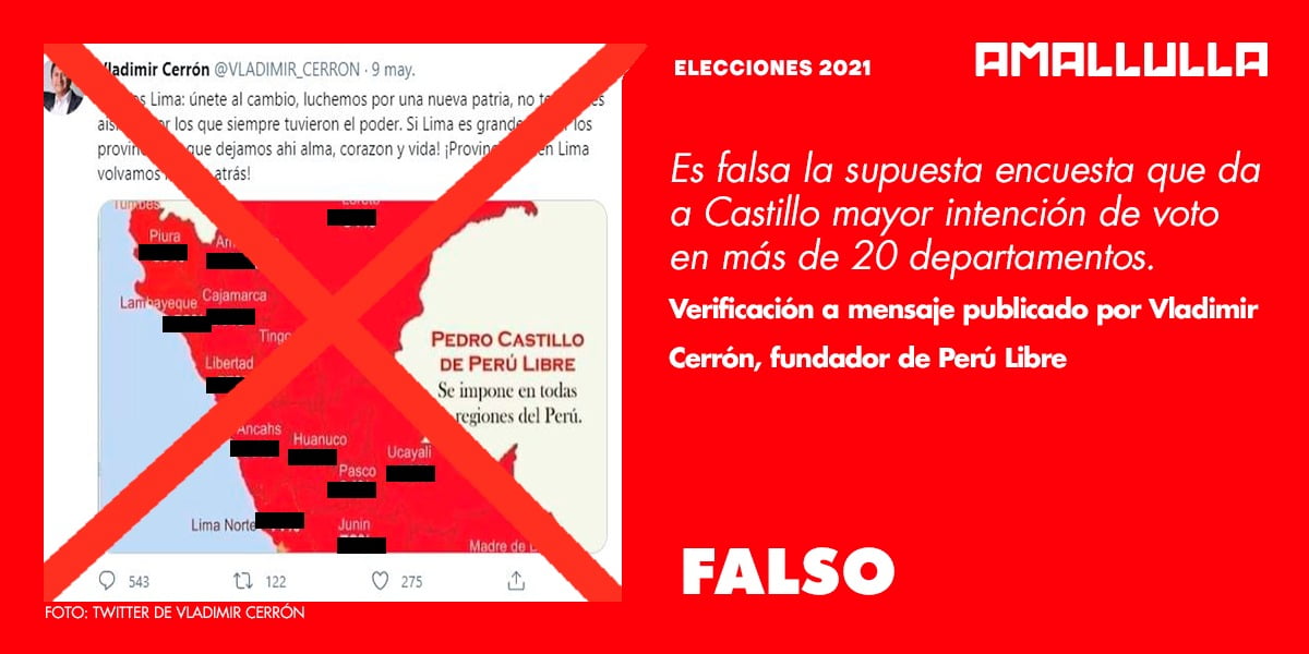 Es falsa la supuesta encuesta que da a Castillo mayor intención de voto en más de 20 departamentos