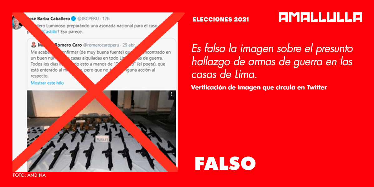 Es falsa la imagen sobre el presunto hallazgo de armas de guerra en las casas de Lima