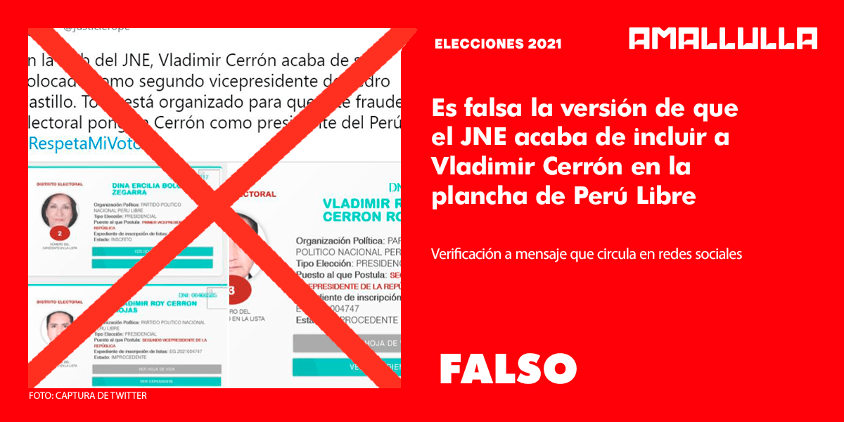 Es falsa la versión de que el JNE acaba de incluir a Vladimir Cerrón en la plancha de Perú Libre