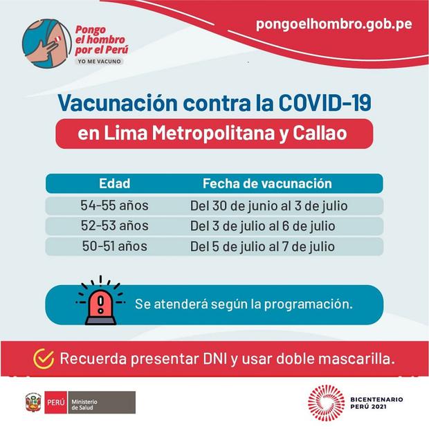 Se inicia vacunación a personas entre 50 y 51 años en Lima y Callao