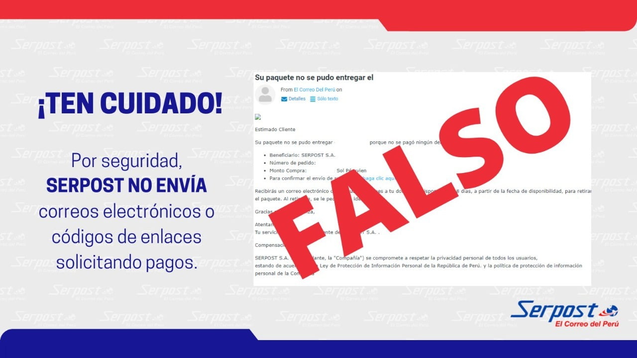 Serpost alerta sobre modalidad de fraude por e-mail, sms o WhatsApp