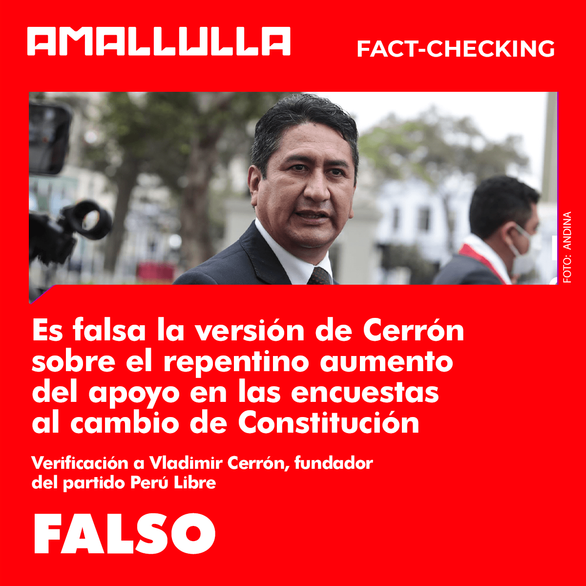 Es falsa la versión de Cerrón sobre el repentino aumento del apoyo en las encuestas al cambio de Constitución