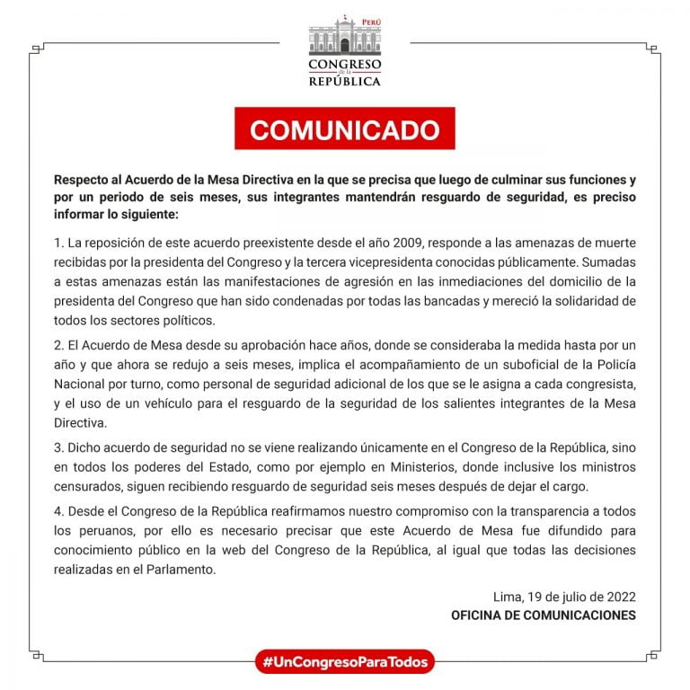 Mesa Directiva del Congreso explica que ampliación de beneficios a integrantes “responde a las amenazas de muerte”