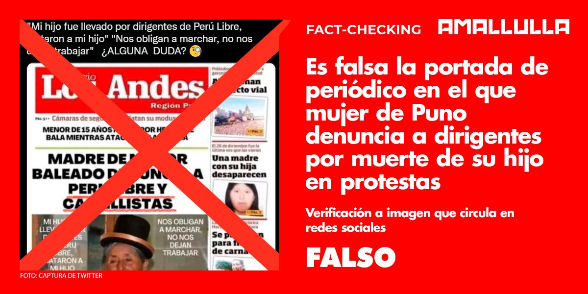 <strong>Es falsa la portada de periódico en el que mujer de Puno denuncia a dirigentes por muerte de su hijo en protestas</strong>