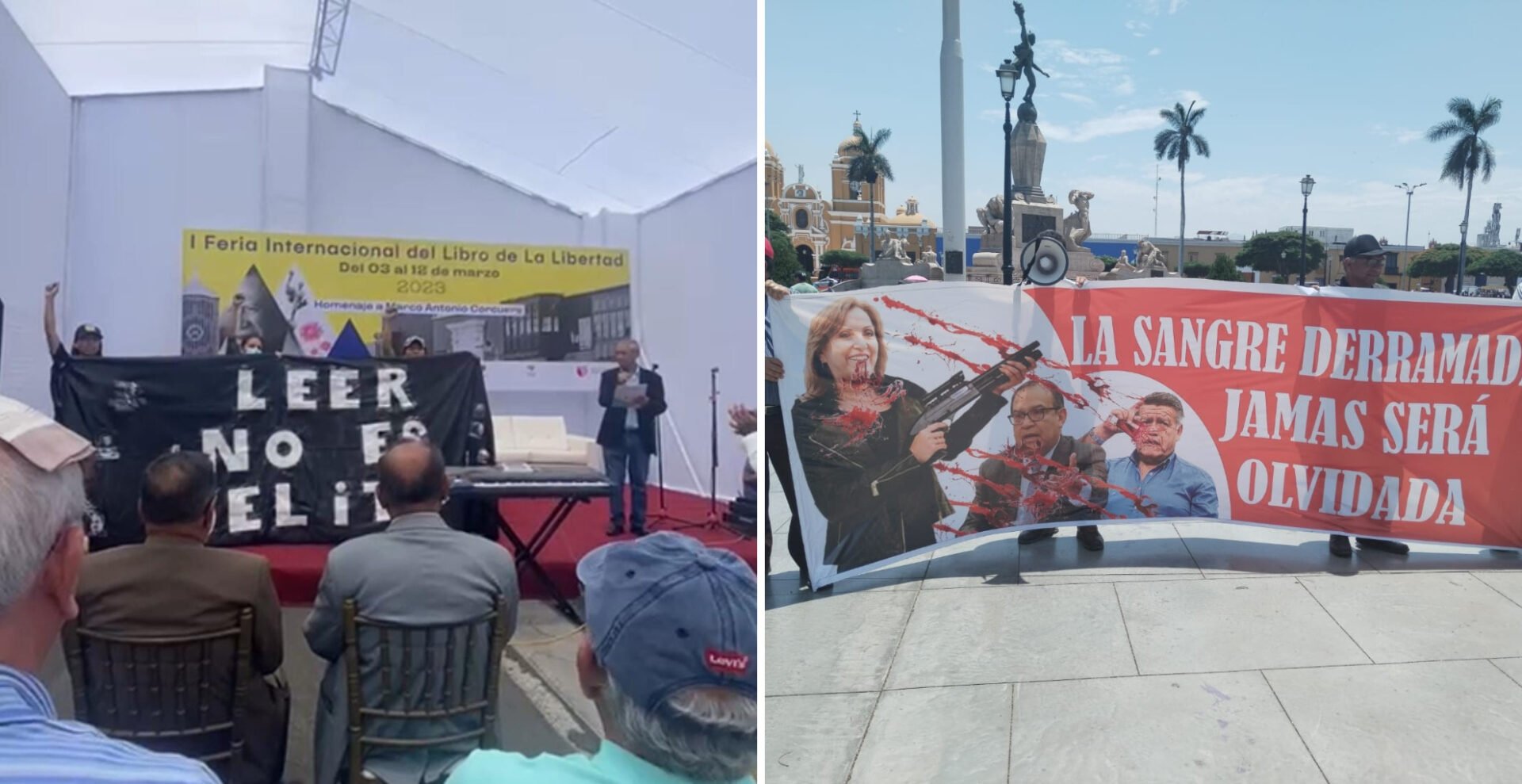 Manifestantes irrumpen feria del libro para pedir renuncia de Dina Boluarte