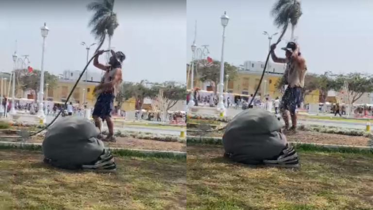 ¡No hay respeto! Sujeto se baña en plena plaza de Armas de Trujillo
