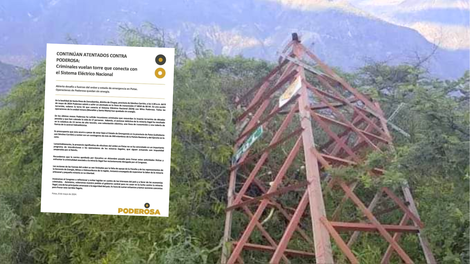 La Libertad: Criminales derriban una vez más torre de alta tensión de minera Poderosa