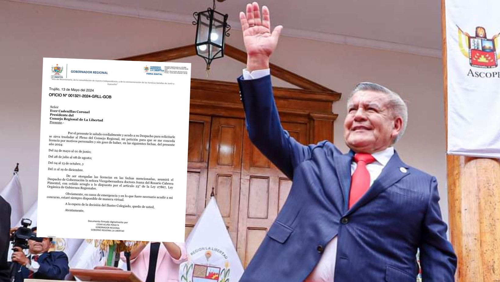 La Libertad: César Acuña pide una vez más licencia por 40 días, dejando la región en estado de emergencia