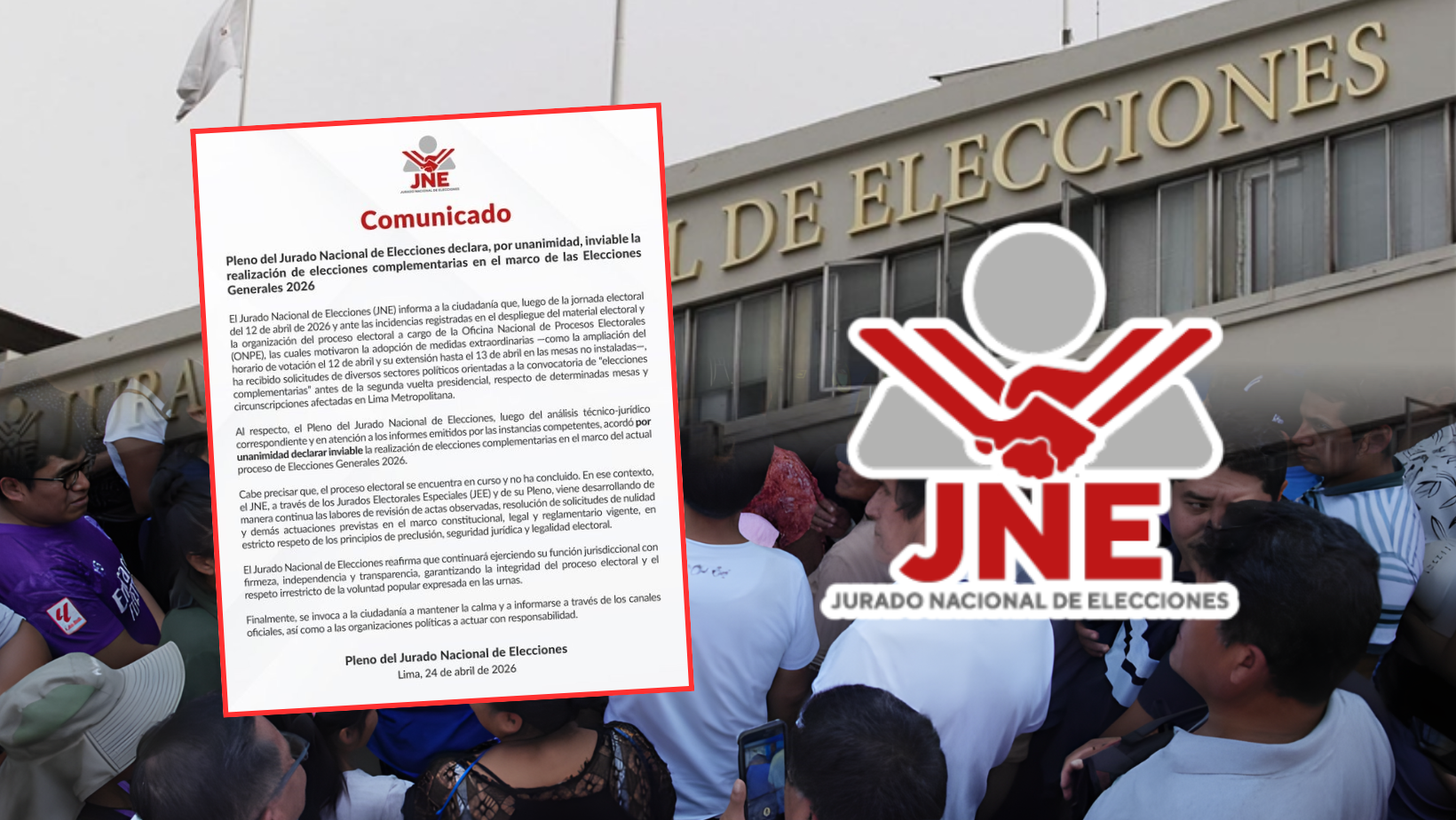 JNE declara inviable elecciones complementarias tras irregularidades del 12 de abril