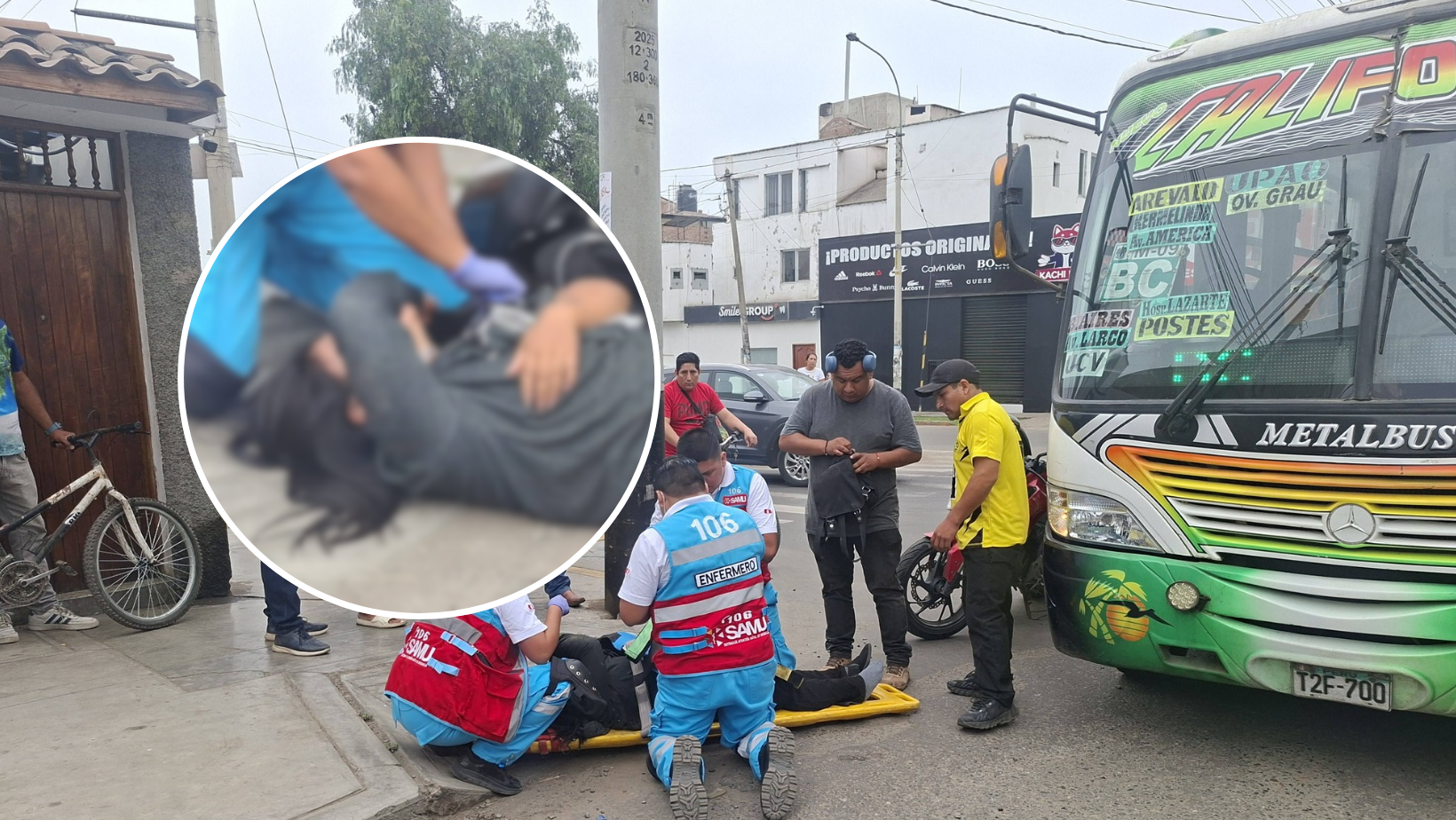 Micro de Nuevo California choca contra moto y deja un herido en Las Quintanas