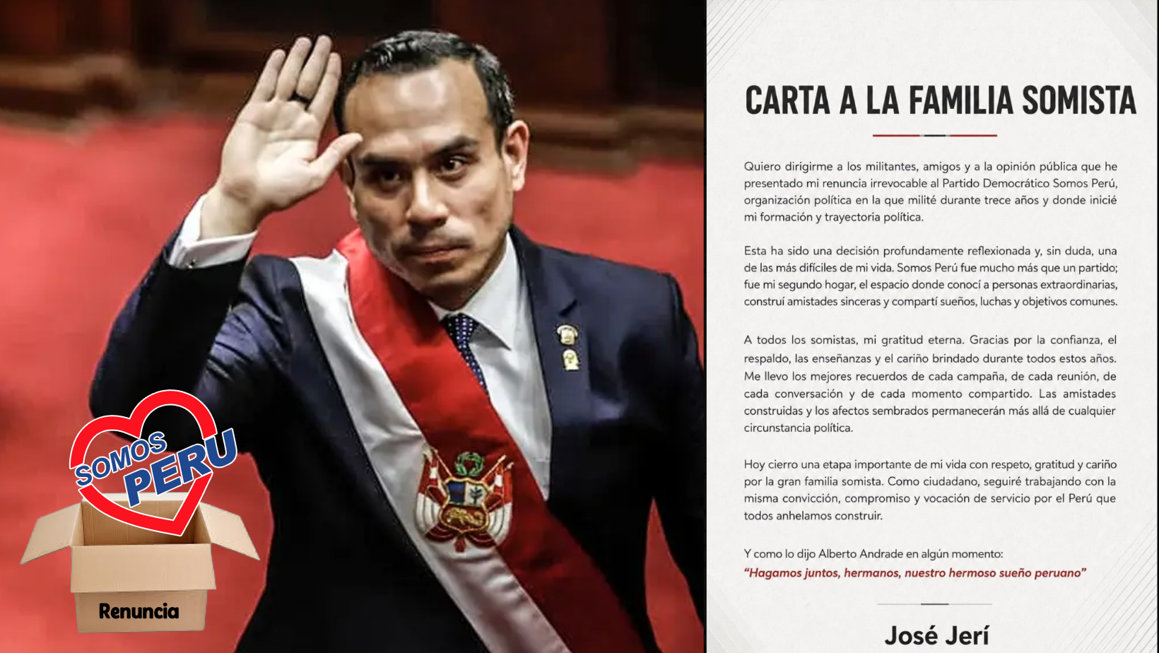 Jerí renuncia a Somos Perú luego de 13 años de militancia y deja también la bancada