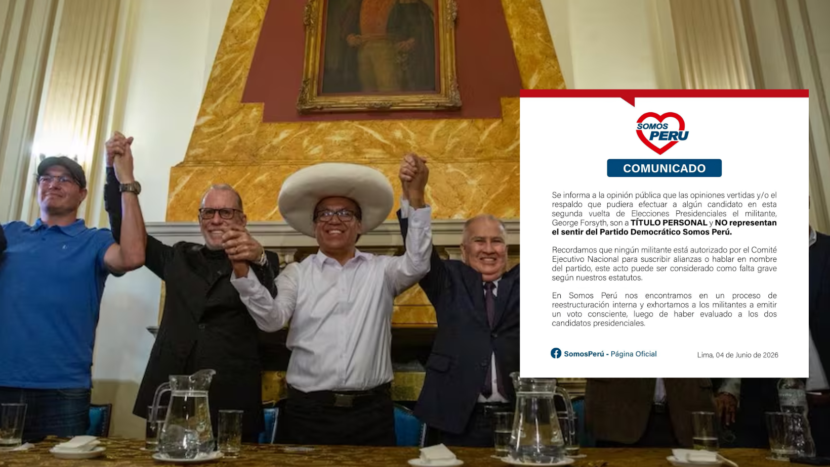¡Es solo un voto! Somos Perú: respaldo de George Forsyth a Roberto Sánchez es a título personal