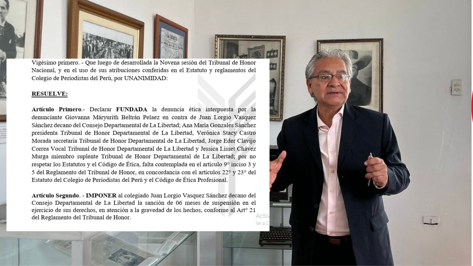 Suspenden por 6 meses al decano del Colegio de Periodistas de La Libertad