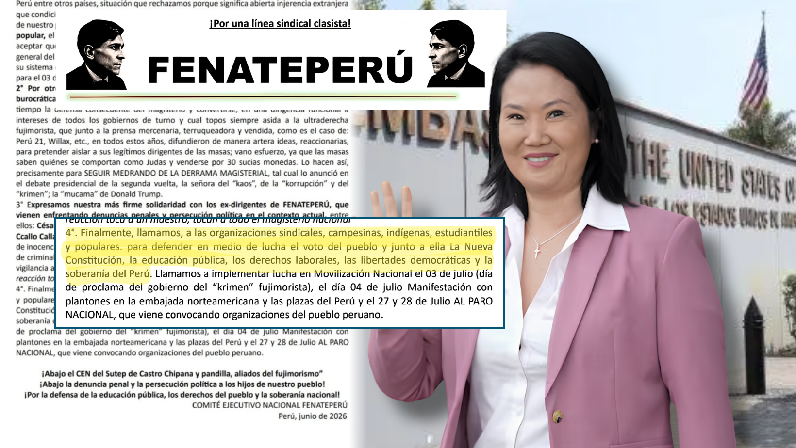 Docentes de Fenate marcharán contra proclamación de Keiko y harán plantón en embajada de Estados Unidos