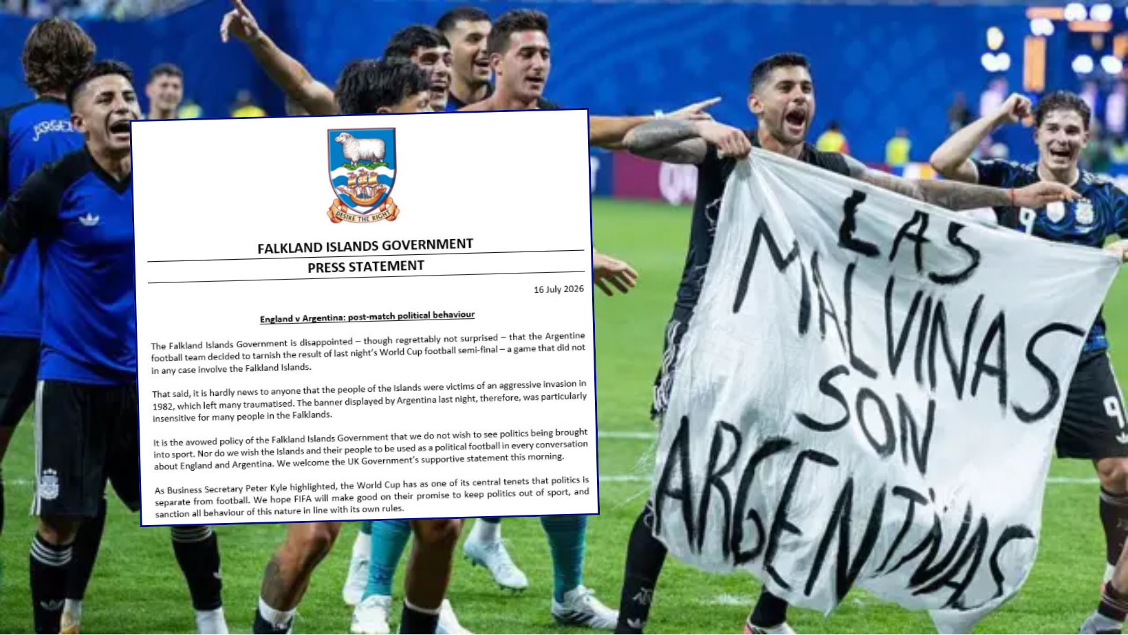 Gobierno de las Islas Malvinas afirma estar decepcionado por gesto de jugadores argentinos